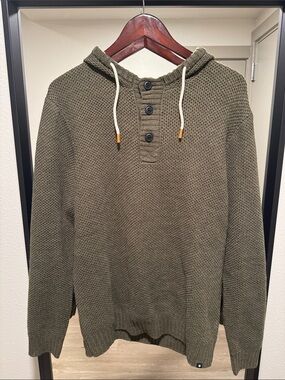 Men's Olive Knit Hooded Crewneck Sweater with Button Placket